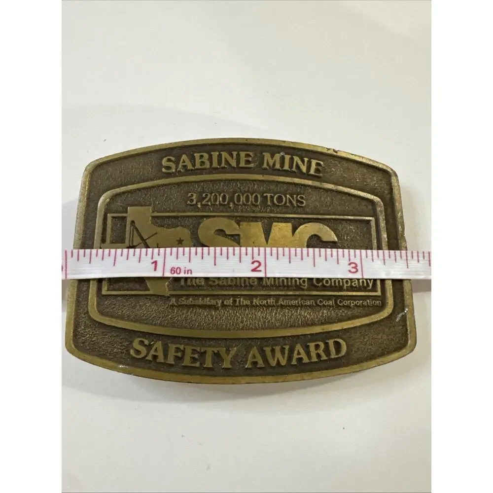 Vintage Sabine Mine Coal Mining Safety Award Belt Buckle SMC Texas Brass Tone